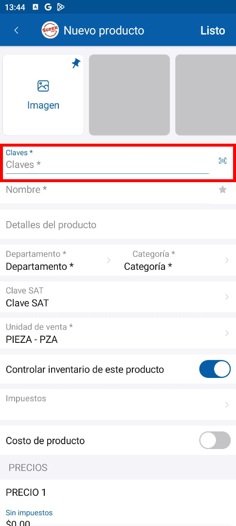 Ingresar clave del productos