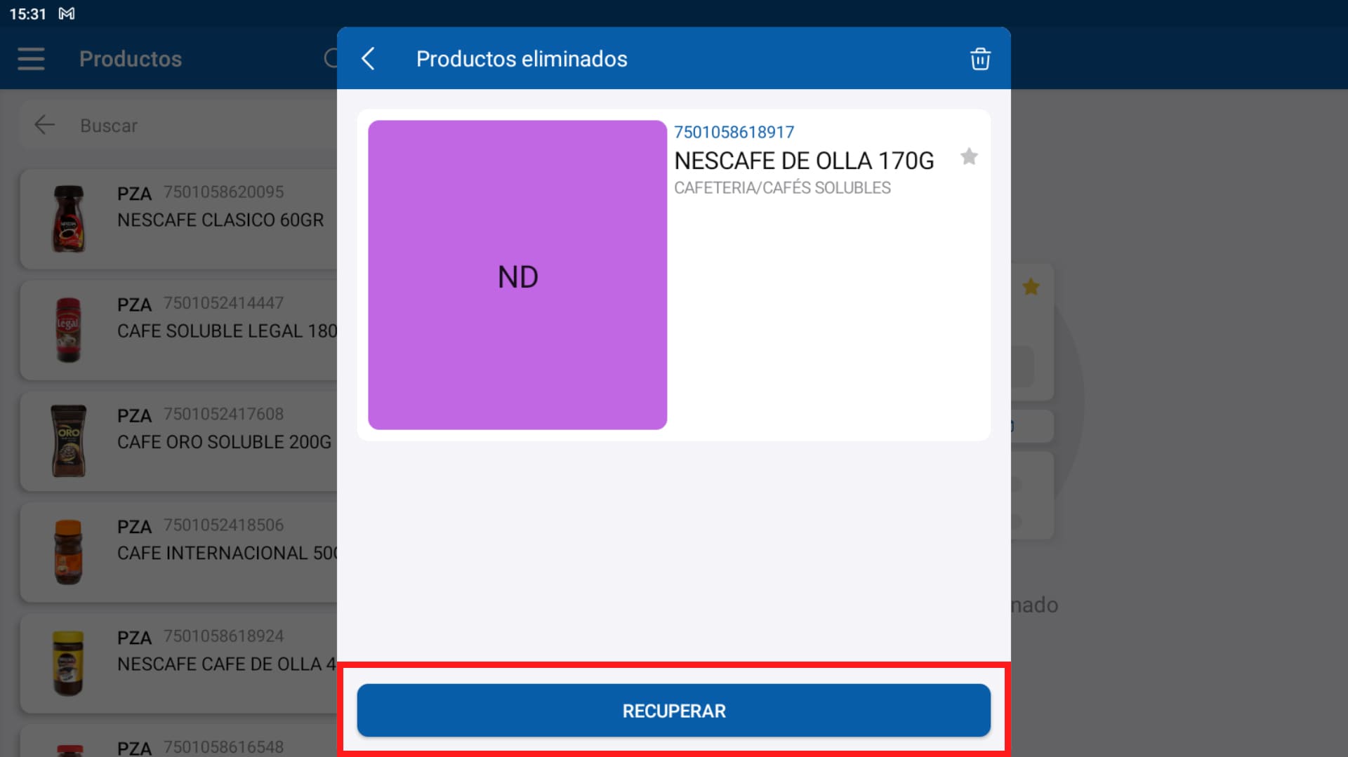 Eliminar o recuperar productos