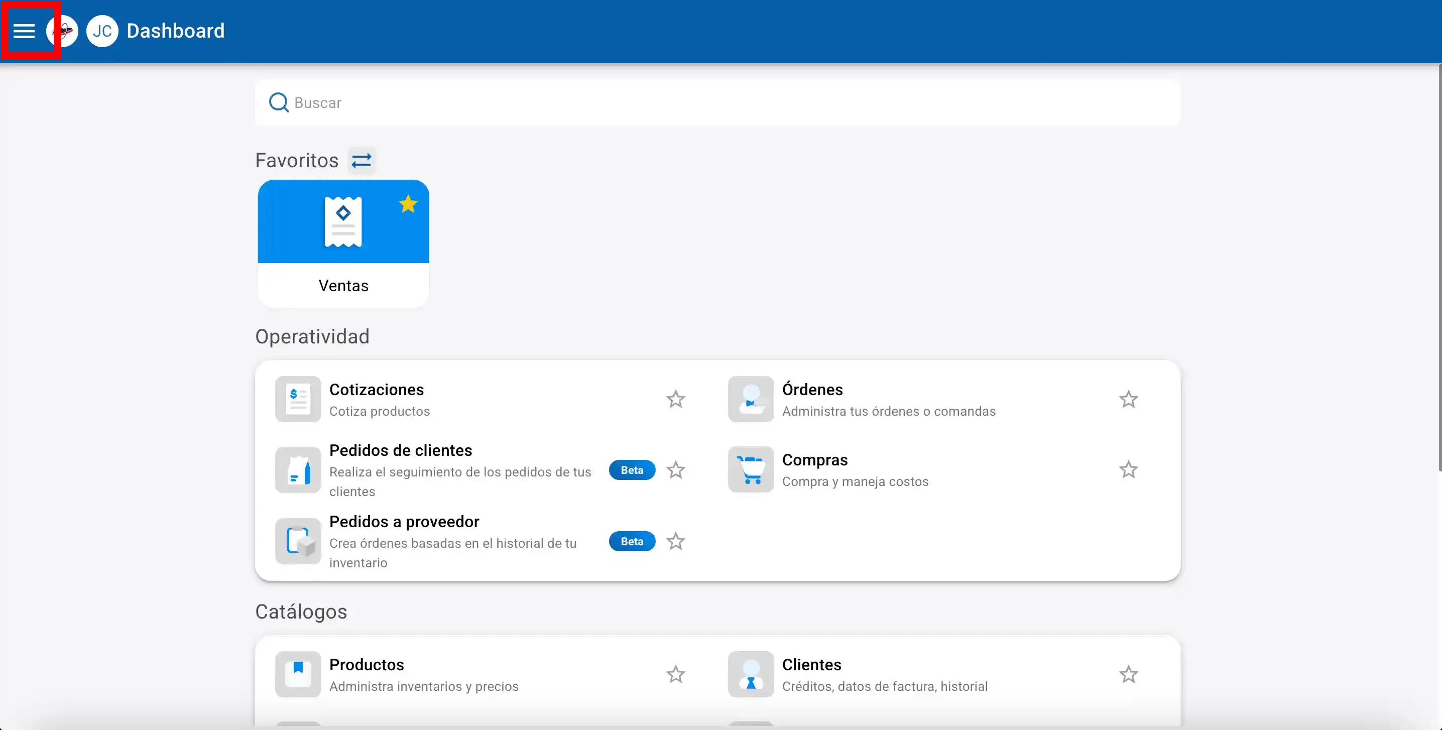 Menú principal Dashboard